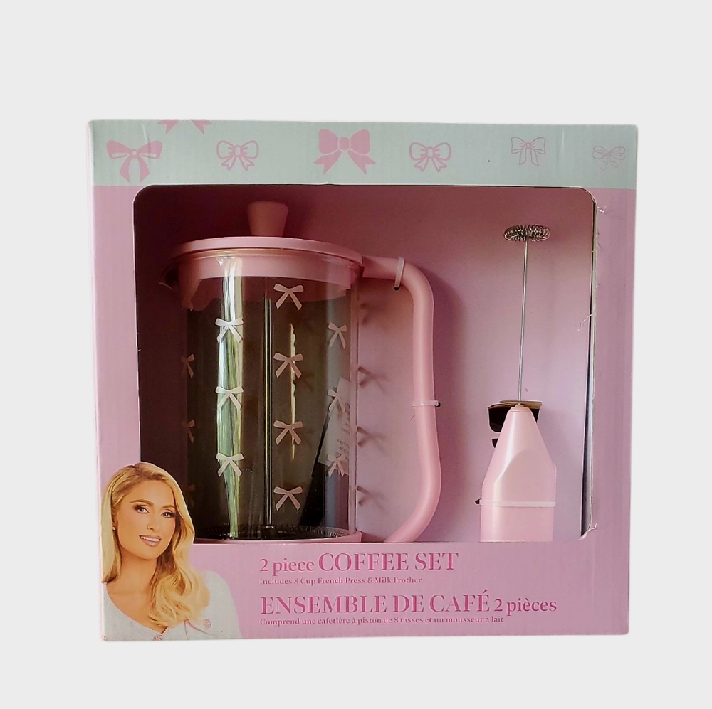 Paris Hilton French Press Coffee Maker & Milk Frother Set Pink NIB